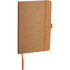 A tan journal with an embossed design, featuring an orange elastic band and a ribbon bookmark.