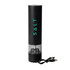 A black rechargeable salt grinder with a transparent chamber and a USB charging cable.