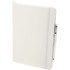 A white hardbound journal with an elastic band and a pen attached, featuring a logo on the cover.