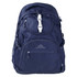 A navy backpack with multiple compartments and a logo, featuring adjustable straps and mesh side pockets.
