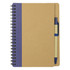 A brown notebook with a blue section on the cover and a blue ballpoint pen attached. Features a spiral binding and a logo.