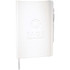 A white Nova Bound JournalBook with blank pages, featuring a logo and a silver pen attached.