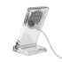 A transparent acrylic magnetic wireless charging stand with a white charging cable connected.