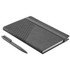 A grey notebook with a textured cover and an elastic band, accompanied by a matching pen.