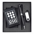 A black gift set containing a power bank, USB, and a pen, all presented in a sleek black box.
