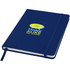 A navy A5 hard cover notebook with an elastic strap and a printed logo on the front.