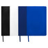 A set of Spectrum A5 hard cover notebooks in black, white, and blue, featuring an elastic band closure and ribbon markers.