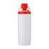 A drink bottle in white with a red lid, featuring a simple design and a logo.