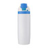 A drink bottle in white with a blue lid and button, featuring a logo on its body.