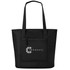 A black tote bag with a front pocket and a logo, featuring long handles for easy carrying.