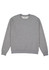 A grey crew sweatshirt with ribbed cuffs and a hem, featuring a simple design and a logo.