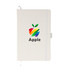 A white A5 notebook features a colourful apple logo and a band to keep it closed.
