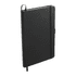 A black A5 journal with a strap closure and a ribbon bookmark, featuring a logo on the cover.
