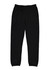 A pair of black track pants featuring an elastic waistband and side pockets, with a logo detail.