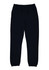 A pair of navy track pants with an elastic waistband and cuffs, featuring a drawstring. It has a logo.