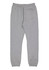 A pair of grey track pants featuring an elastic waistband and a back pocket. The design includes a logo.