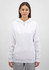 A white women's hoodie featuring a front pocket and drawstring hood, with a subtle logo on the front.