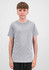 A youth short sleeve tee in grey, displayed on a young model standing straight, with a plain background.