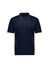 A navy short sleeve polo with orange accents and a logo on the chest. Suitable for casual or sporty occasions.