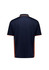A navy blue polo shirt with short sleeves and patterned side panels, featuring a logo.