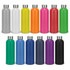 A drink bottle collection featuring various colours: silver, white, yellow, orange, red, pink, green, blue, navy, purple, and black, with metal lids.