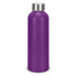 A drink bottle in vibrant purple with a stainless steel cap and a smooth finish. It features a logo.