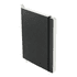 A softcover A5 notebook in black with a white ribbon bookmark and an elastic band closure. It has a logo on the cover.