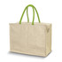 A beige cooler bag with green handles, featuring a zippered front pocket and a spacious main compartment.