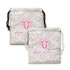 A small satin gift bag in white with a repeating pattern and a logo, featuring pink and gold accents.
