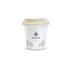A compostable white paper coffee cup with a beige lid, featuring simple illustrations and a logo.