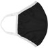 A black face mask with white ear straps and a contoured shape, featuring a logo.