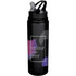 A drink bottle in black with a colourful design and a straw lid. Features a logo on the side.
