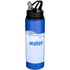 A drink bottle featuring a blue and white design, with a straw lid and a logo. It is made from recycled stainless steel and holds 800ml.