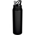 A drink bottle made of recycled stainless steel, featuring a sleek black design and a clear straw lid.