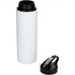 A drink bottle made of recycled stainless steel, featuring a white body and a black lid with a spout.