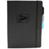 A black notebook with an elastic band closure and coloured tab dividers, featuring a logo on the front cover.