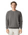 A grey adult crewneck sweatshirt with long sleeves and a simple design, featuring a logo on the front.