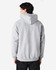 A grey hooded sweatshirt with a kangaroo pocket, viewed from the back. It features a logo on the back.