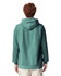 A green adult hooded sweatshirt viewed from the back, featuring a hood and a relaxed fit.