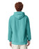 A teal adult hooded sweatshirt with a kangaroo pocket and adjustable hood, featuring a logo.