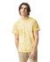A heavy yellow tie-dye t-shirt displayed on a model, featuring a round neckline and short sleeves.