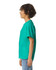 A youth short sleeve t-shirt in vibrant teal, featuring a logo on the front, displayed from the side.