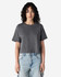 A grey women's boxy t-shirt with short sleeves, featuring a round neckline and a logo on the side.