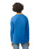 A blue long sleeve youth T-shirt with a crew neck and a plain back view. Features a logo on the garment.