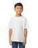 A white Gildan Softstyle youth midweight t-shirt displayed on a child, with a branding logo visible.