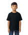 A black youth midweight T-shirt displayed on a child, featuring a crew neck and short sleeves.