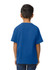 A blue midweight youth T-shirt displayed on a boy, featuring a logo on the front.