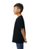 A black Gildan Softstyle youth midweight T-shirt displayed on a child, viewed from the side.