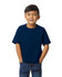 A navy blue youth midweight t-shirt on a child, featuring a round neck and short sleeves. It has a logo.