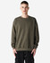 A unisex crewneck sweatshirt in olive green with long sleeves and a relaxed fit, featuring a logo.